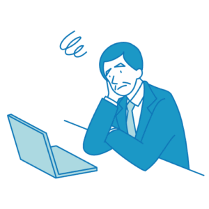 PCを見て悩む経営者のフリーイラスト